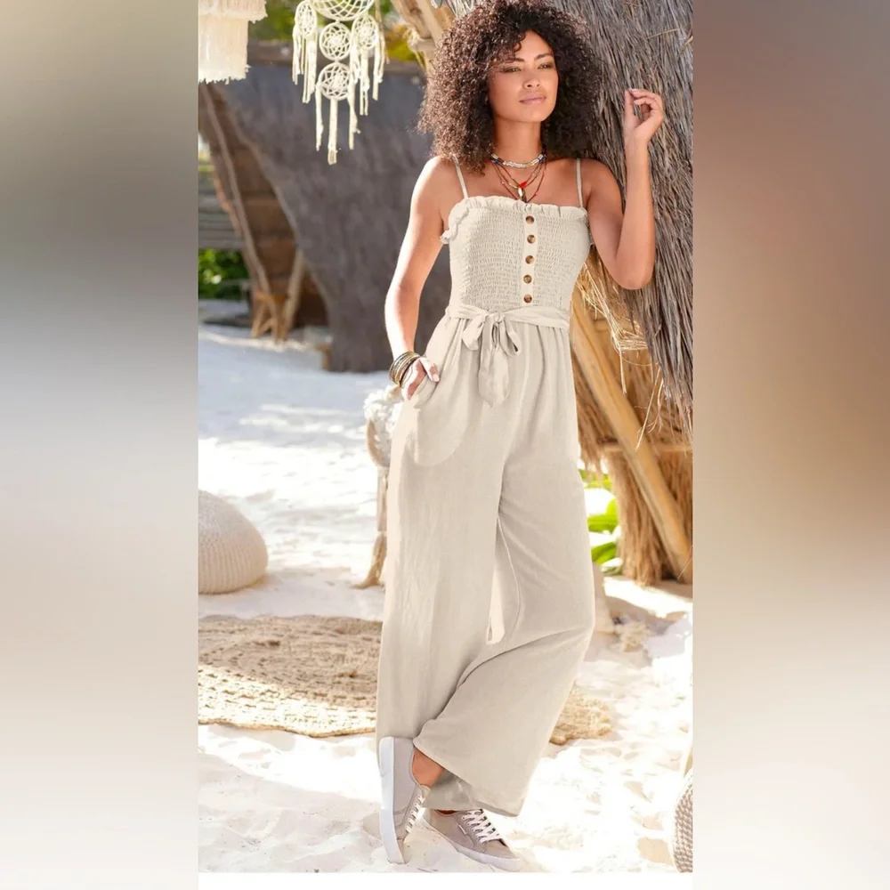 VENUS Smocked Linen Jumpsuit w. Pockets | Cream | Size 8 - Picture 6 of 9